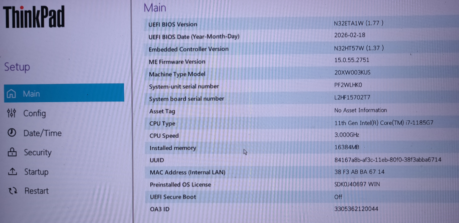 main screen from thinkpad bios
