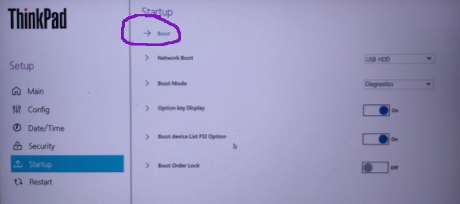 startup submenu from thinkpad bios