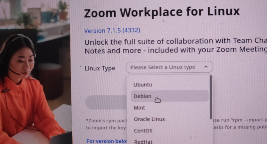 zoom.us download dialog: select linux type (debian)