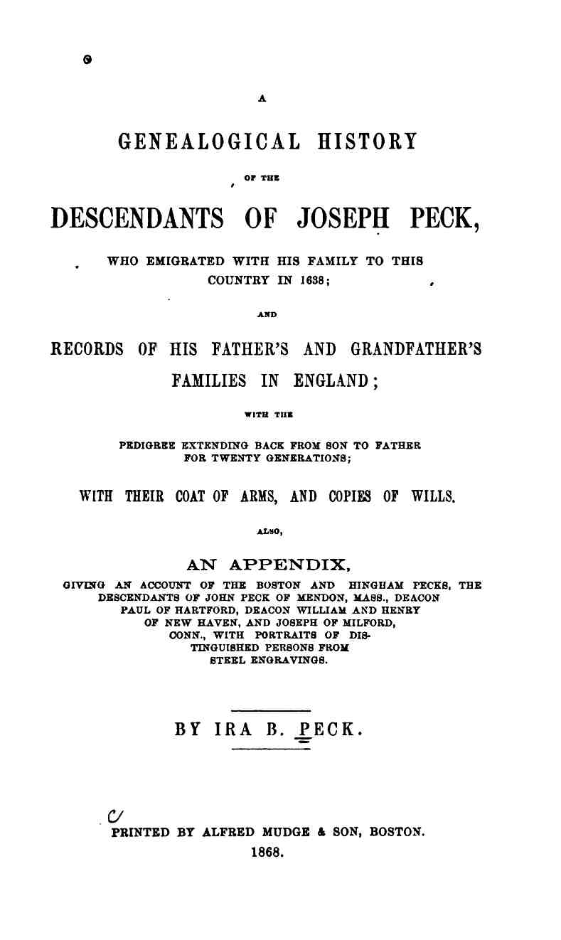 A Genialogical History of the Descendants of Joseph Peck